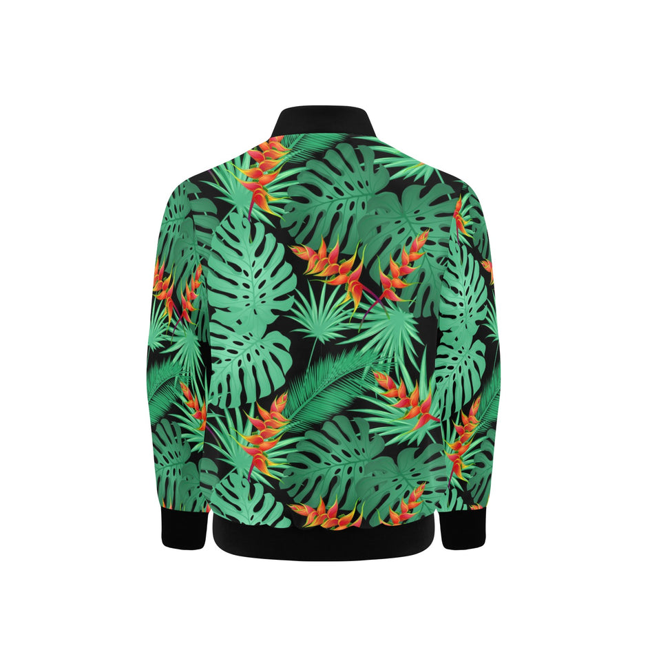 heliconia flower palm monstera leaves black backgr Kids' Boys' Girls' Bomber Jacket