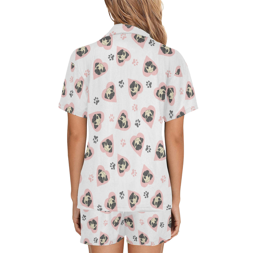 Cute pugs pink heart paw pattern Women's V-Neck Short Pajama Set