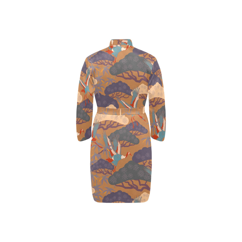 Bonsai bamboo stork japanese pattern brown theme Men's Long Sleeve Belted Night Robe