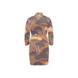 Bonsai bamboo stork japanese pattern brown theme Men's Long Sleeve Belted Night Robe