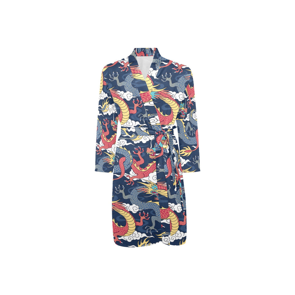 Blue red dragon cloud pattern Men's Long Sleeve Belted Night Robe