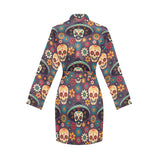 Sugar skulls flower maxican pattern Women's Long Sleeve Belted Night Robe