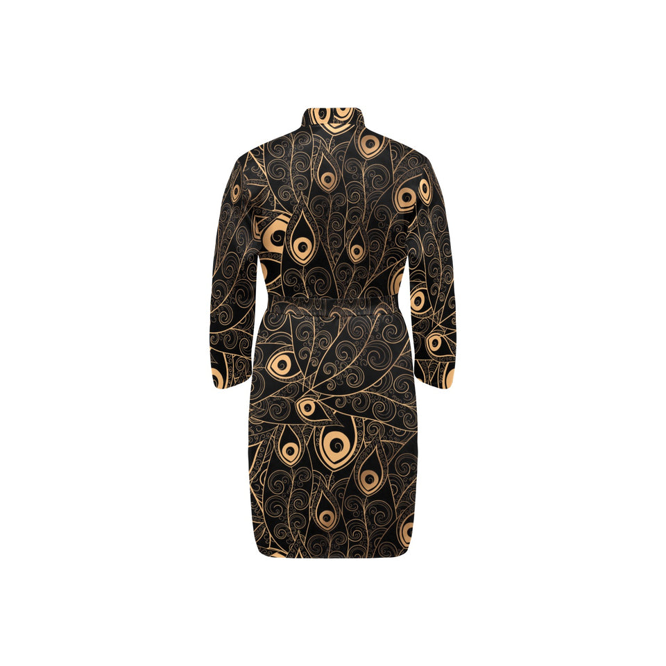 Gold peacock feather pattern Men's Long Sleeve Belted Night Robe