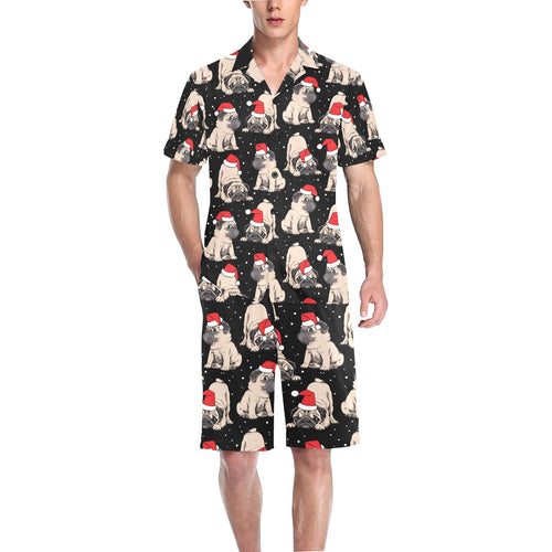 Christmas Pugs Santa_s red cap pattern Men's V-Neck Short Pajama Set