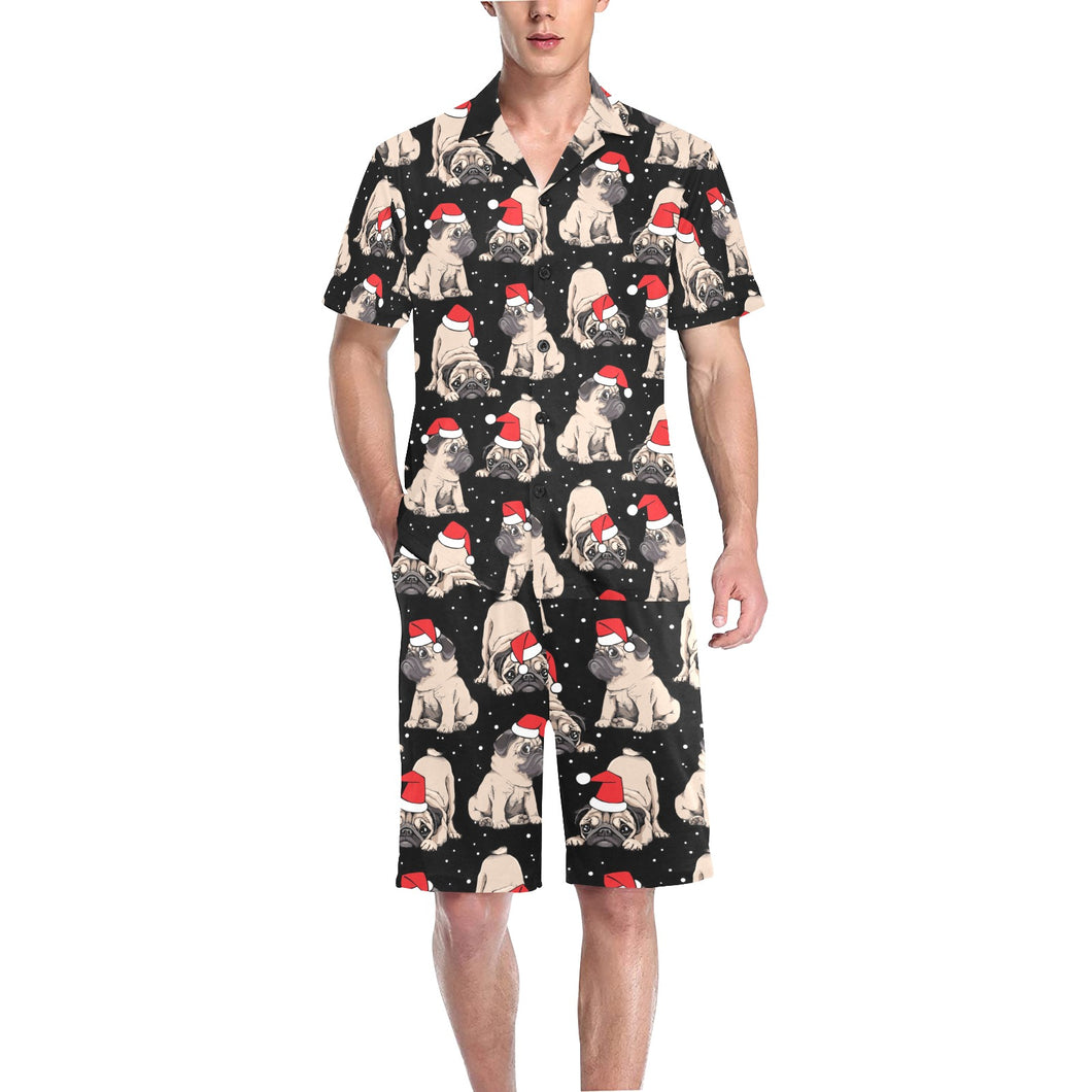 Christmas Pugs Santa_s red cap pattern Men's V-Neck Short Pajama Set