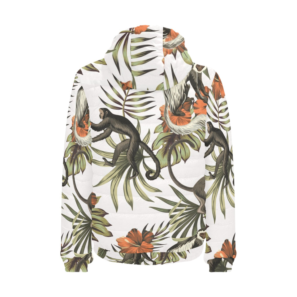 Monkey red hibiscus flower palm leaves floral patt Men's Padded Hooded Jacket