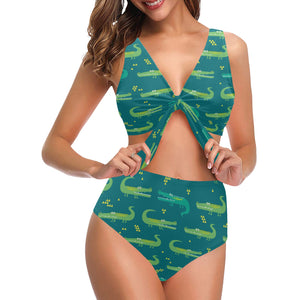 Crocodile pattern Chest Bowknot High Waisted Bikini Swimsuit
