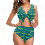 Crocodile pattern Chest Bowknot High Waisted Bikini Swimsuit