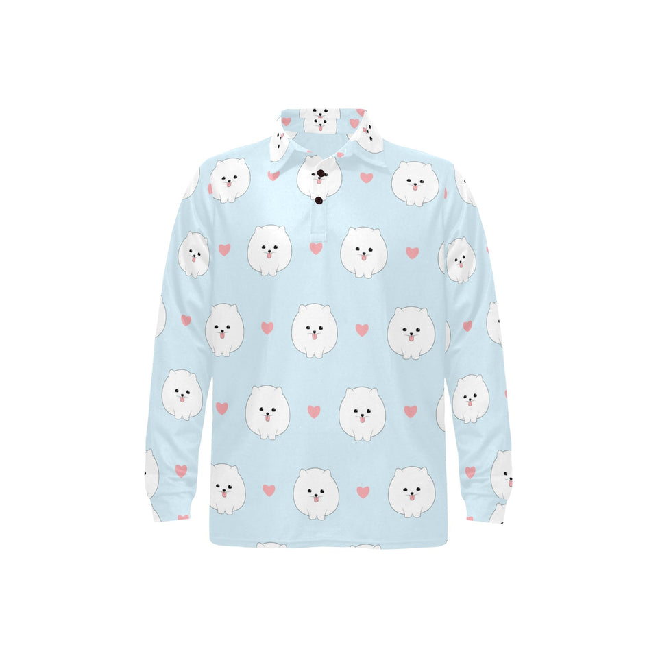 White cute pomeranian pattern Men's Long Sleeve Polo Shirt