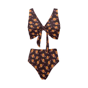 Hamburger Pattern Print Design 05 Chest Bowknot High Waisted Bikini Swimsuit