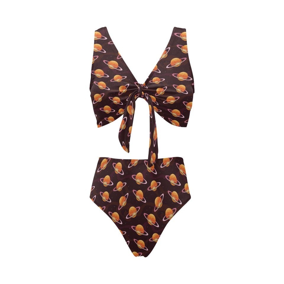 Hamburger Pattern Print Design 05 Chest Bowknot High Waisted Bikini Swimsuit