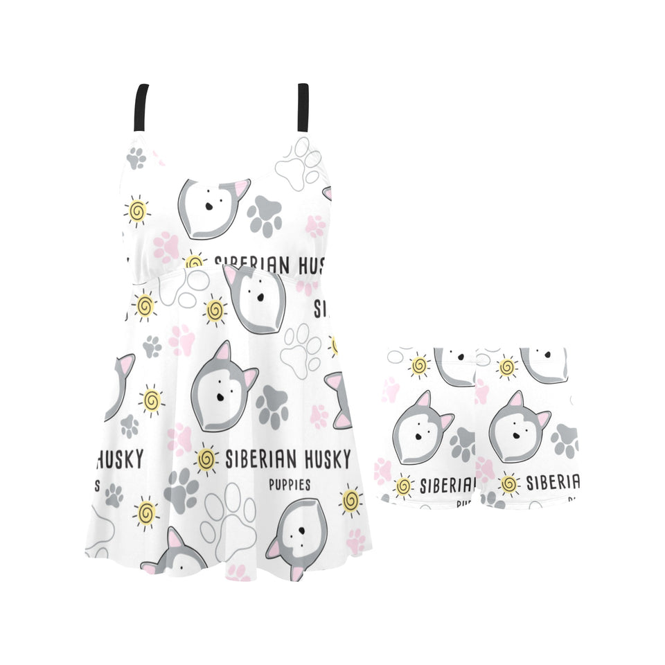 Siberian Husky design pattern Chest Sexy Pleated Two Piece Swim Dress