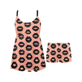Lips Pattern Print Design 02 Chest Sexy Pleated Two Piece Swim Dress