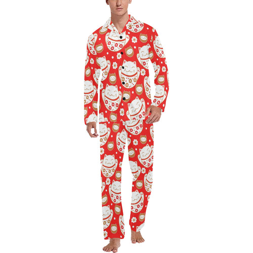 Cute Maneki neko cat red background Men's Long Pajama Set