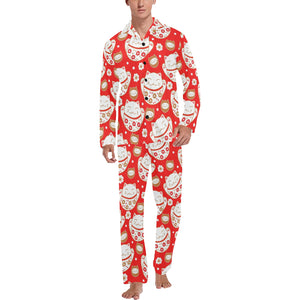 Cute Maneki neko cat red background Men's Long Pajama Set