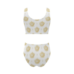 Gold Ornamental lotue waterlily symbol pattern Chest Bowknot High Waisted Bikini Swimsuit