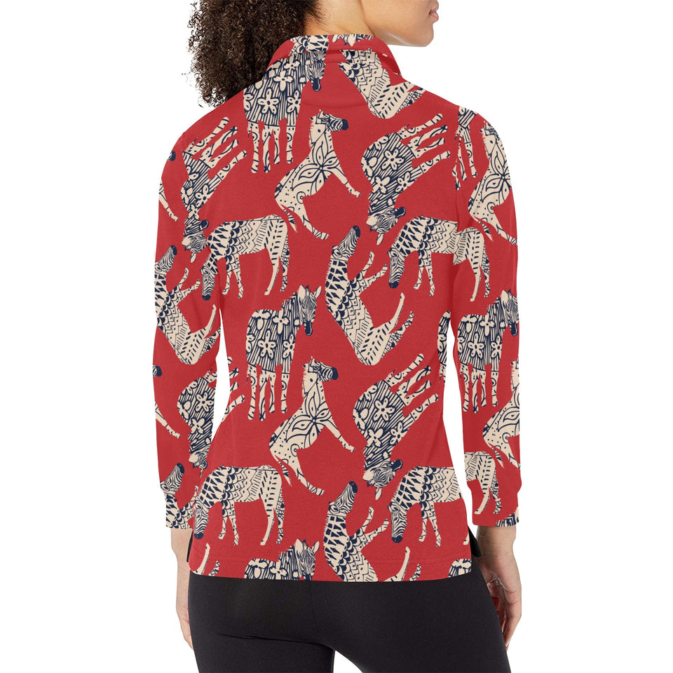 Zebra abstract red background Women's Long Sleeve Polo Shirt