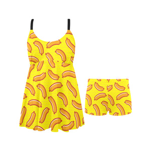 Sausage Pattern Print Design 01 Chest Sexy Pleated Two Piece Swim Dress