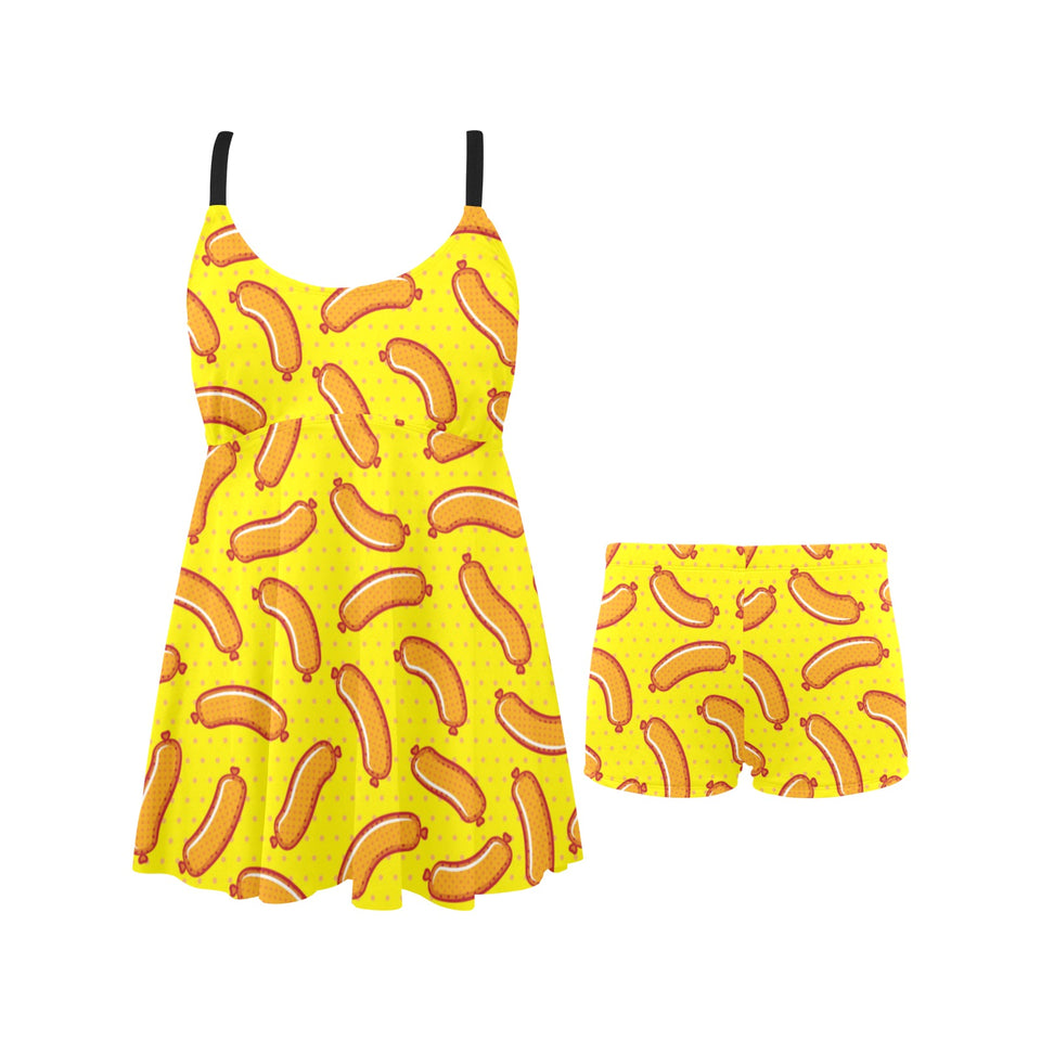 Sausage Pattern Print Design 01 Chest Sexy Pleated Two Piece Swim Dress