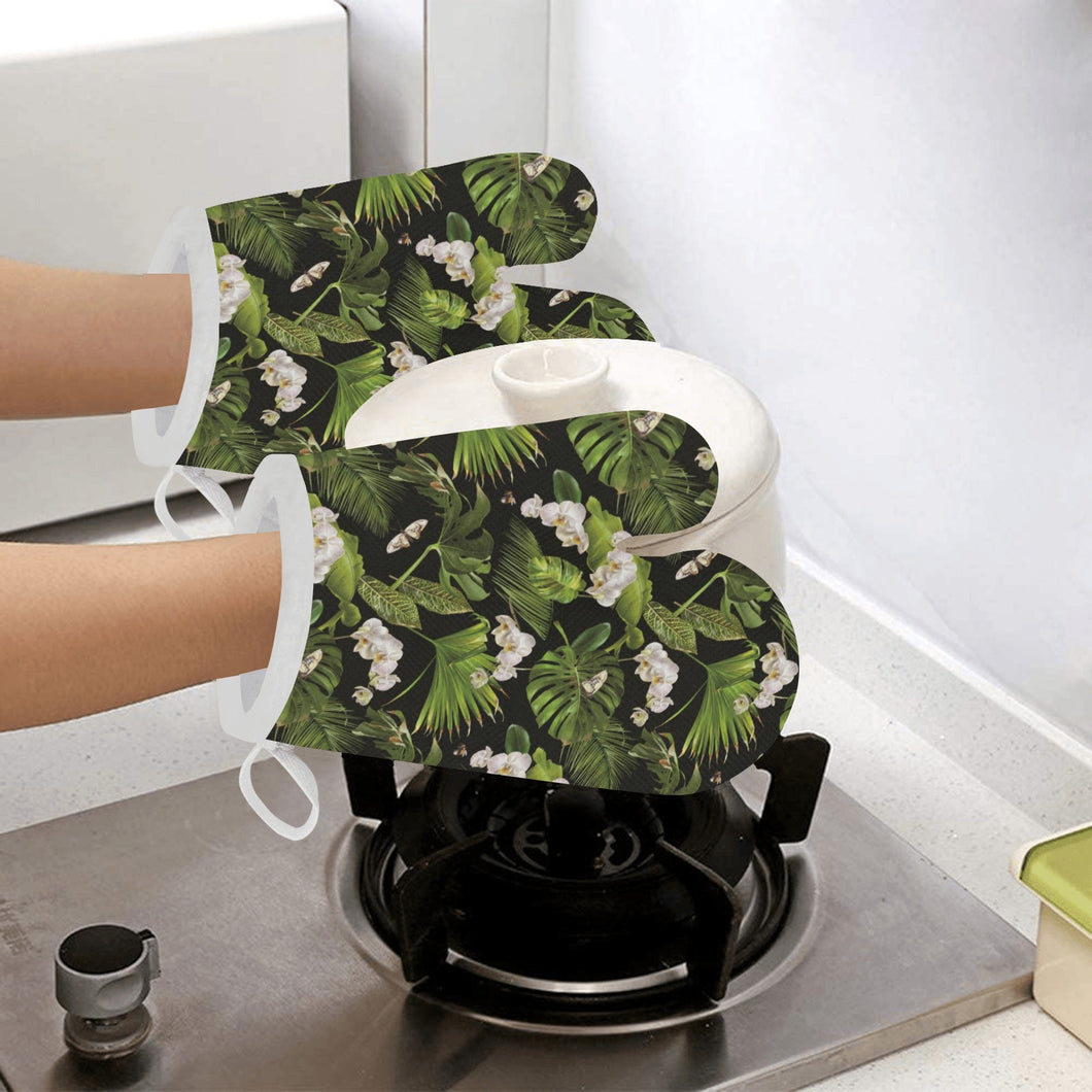 White orchid flower tropical leaves pattern blackg Heat Resistant Oven Mitts