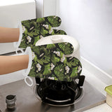 White orchid flower tropical leaves pattern blackg Heat Resistant Oven Mitts