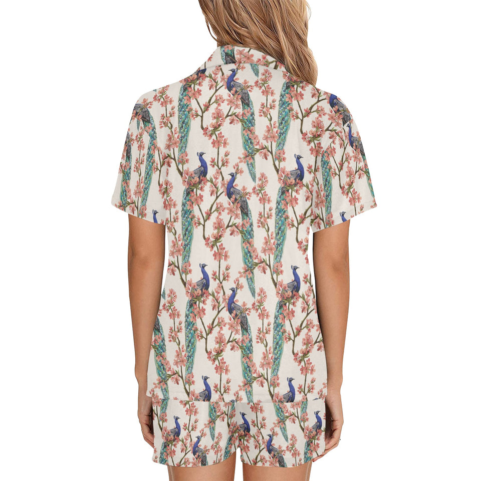 Peacock tropical flower pattern Women's V-Neck Short Pajama Set