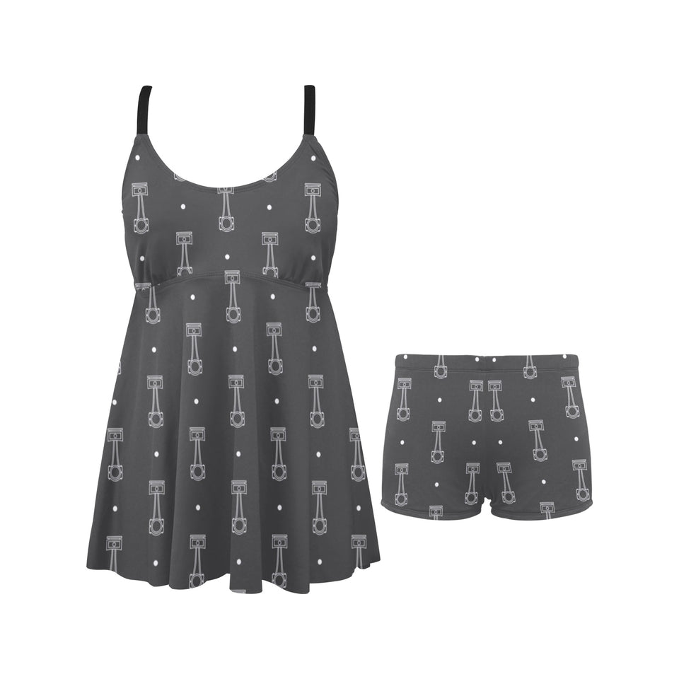 Engine Piston Black Background Pattern Design 02 Chest Sexy Pleated Two Piece Swim Dress
