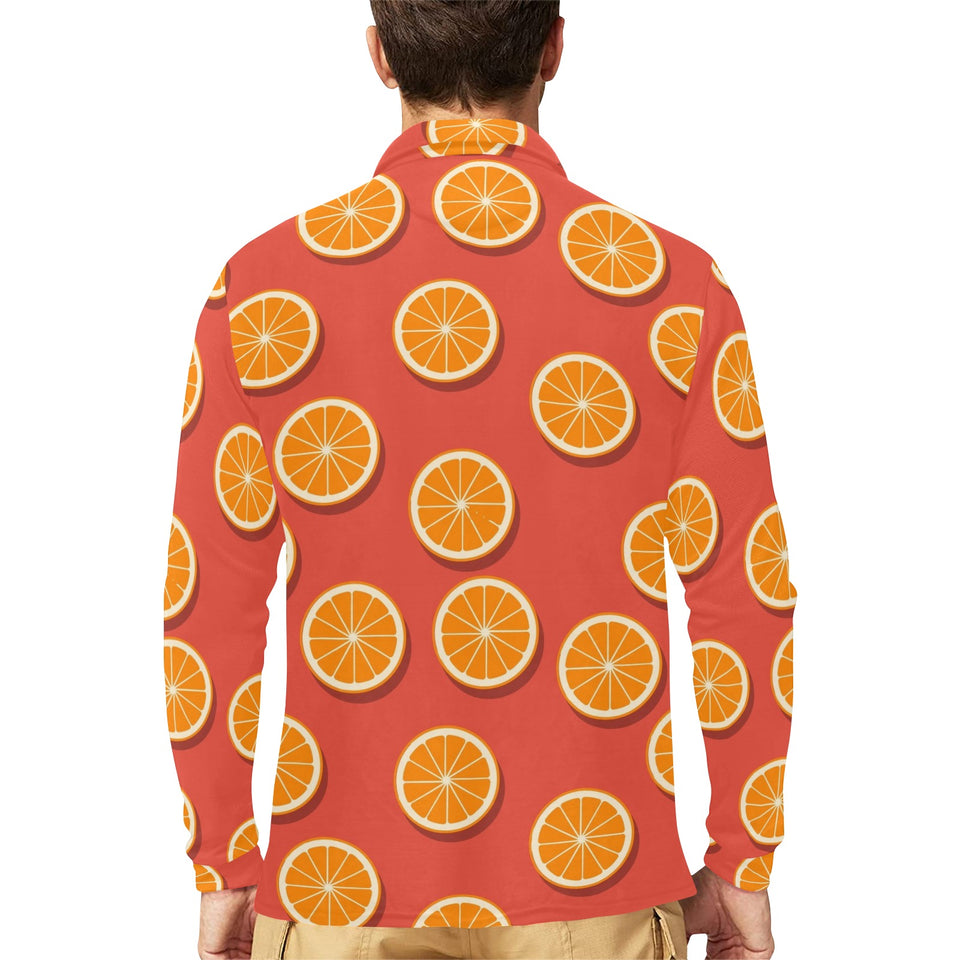 Oranges pattern red background Men's Long Sleeve Polo Shirt