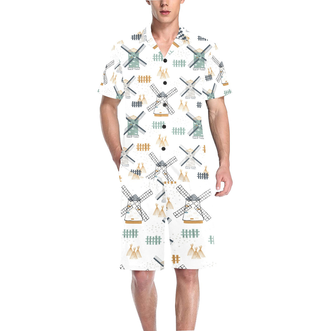 windmill pattern Men's V-Neck Short Pajama Set