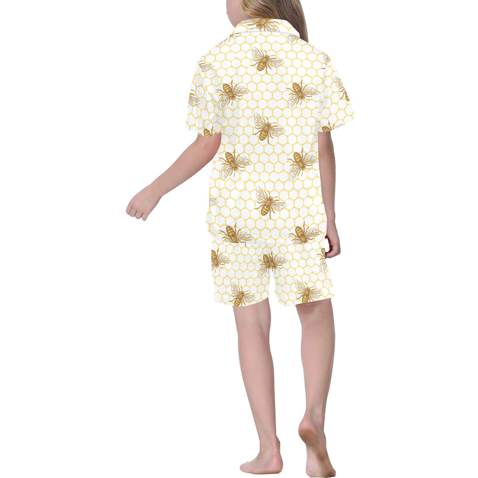 Bee honeycomb seamless design pattern Kids' Boys' Girls' V-Neck Short Pajama Set