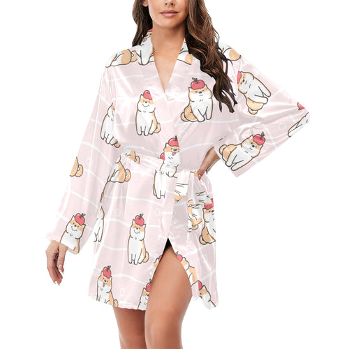 Cute Shiba Inu Dog Apple pattern Women's Long Sleeve Belted Night Robe