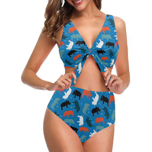 Colorful rhino pattern Chest Bowknot High Waisted Bikini Swimsuit