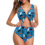 Colorful rhino pattern Chest Bowknot High Waisted Bikini Swimsuit