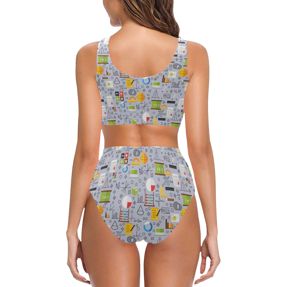 Math Pattern Print Design 04 Chest Bowknot High Waisted Bikini Swimsuit