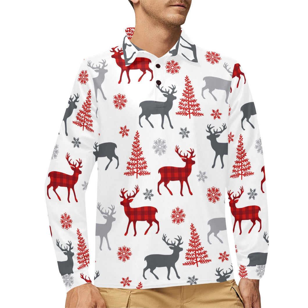 Deer tree snowflakes chrismas pattern Men's Long Sleeve Polo Shirt
