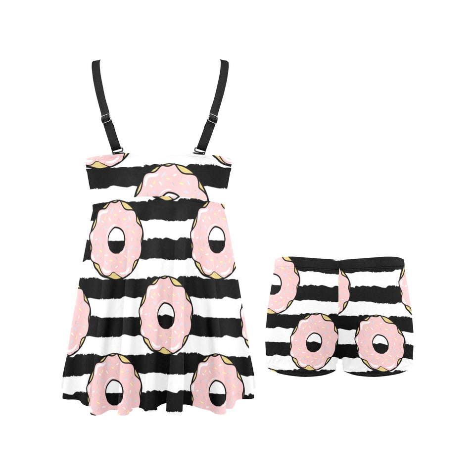 Donuts pink icing striped pattern Chest Sexy Pleated Two Piece Swim Dress