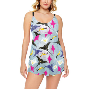 Stingray Pattern Print Design 01 Chest Sexy Pleated Two Piece Swim Dress