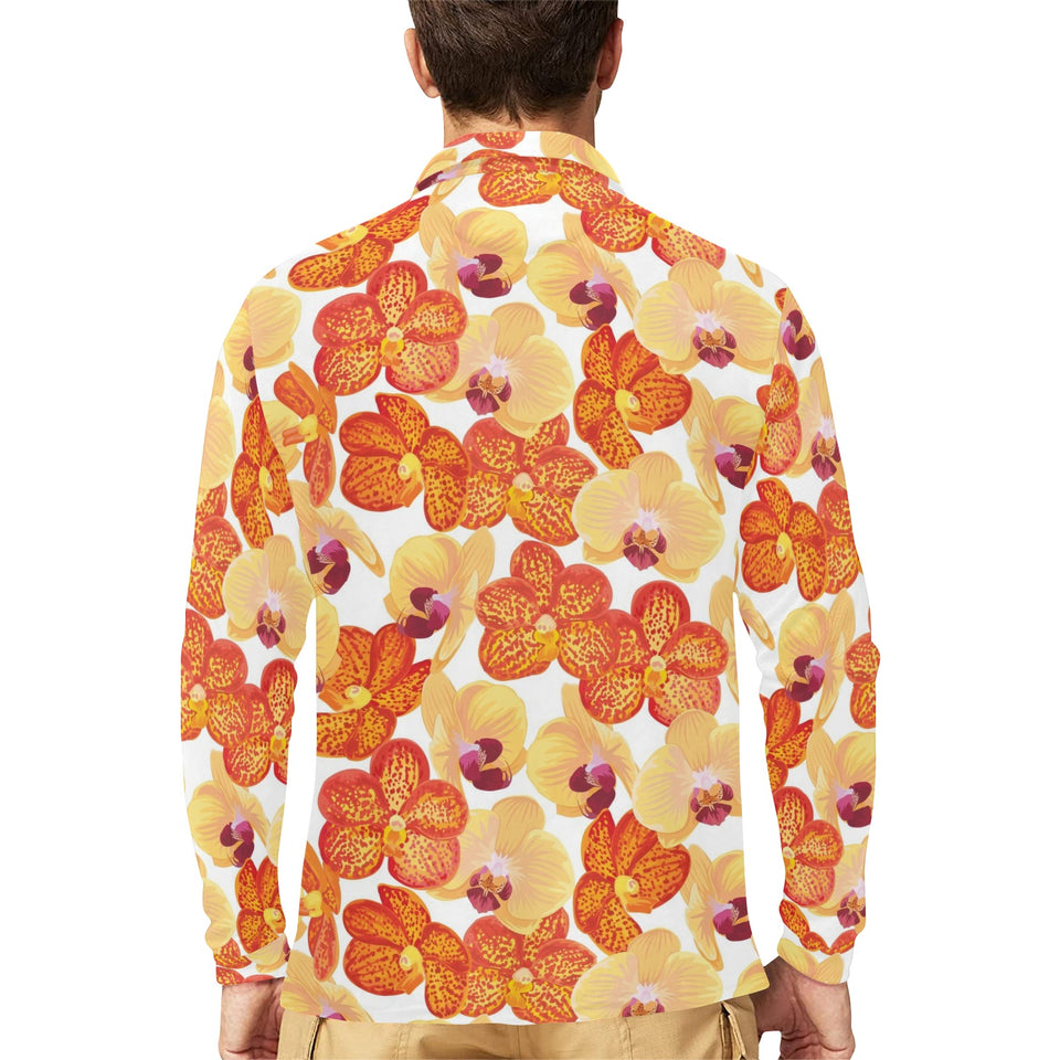 Orange yellow orchid flower pattern background Men's Long Sleeve Polo Shirt