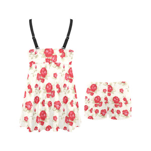 Rose Pattern Print Design 01 Chest Sexy Pleated Two Piece Swim Dress