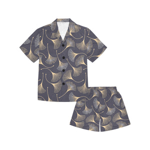 Gold ginkgo leaves Kids' Boys' Girls' V-Neck Short Pajama Set