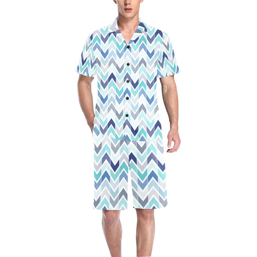 zigzag chevron blue pattern Men's V-Neck Short Pajama Set