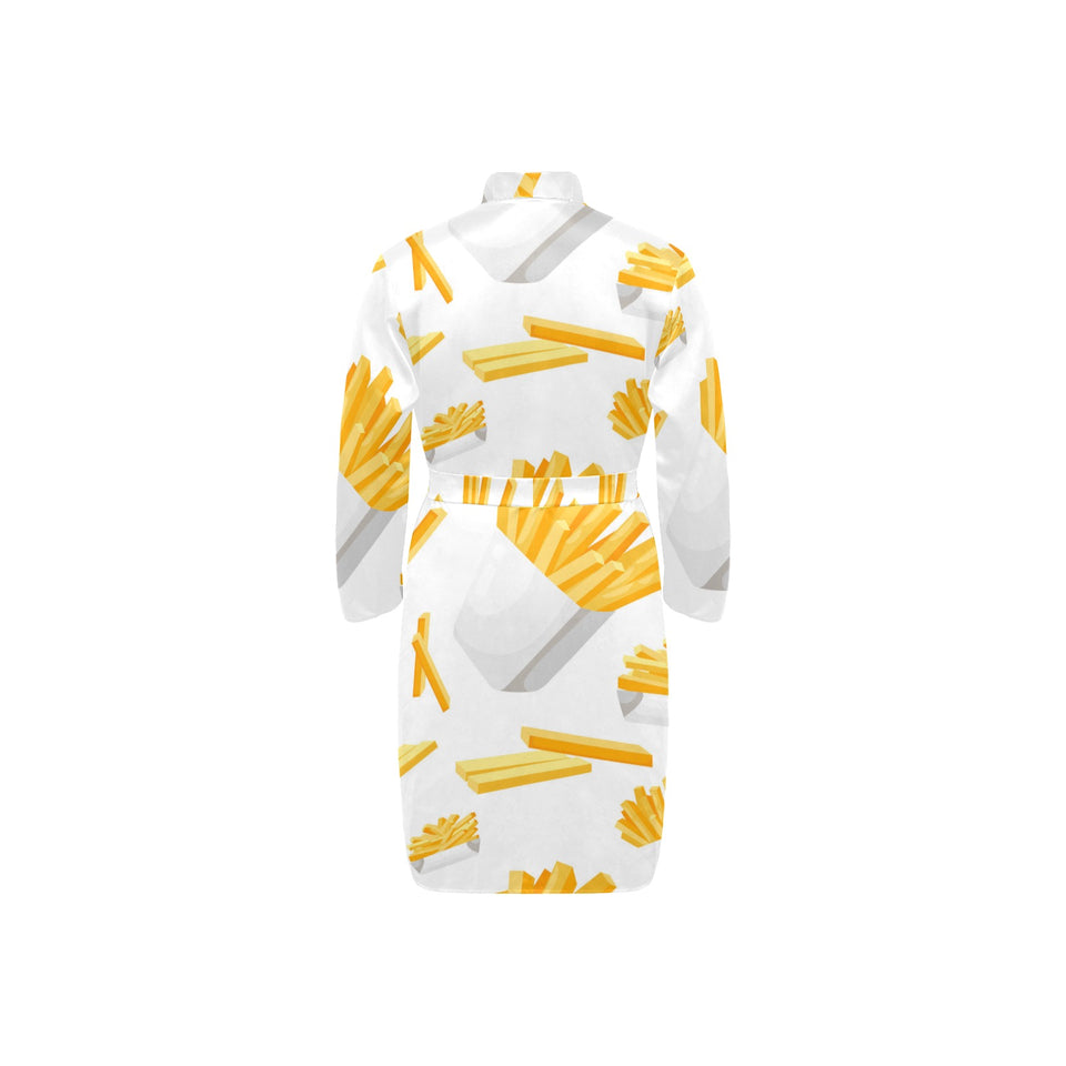 French fries white paper box pattern Men's Long Sleeve Belted Night Robe
