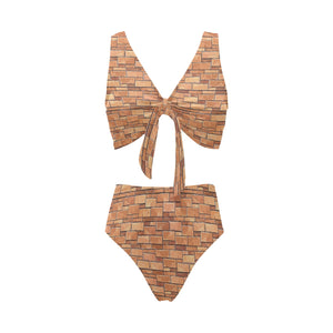 Brick Printed Pattern Print Design 04 Chest Bowknot High Waisted Bikini Swimsuit