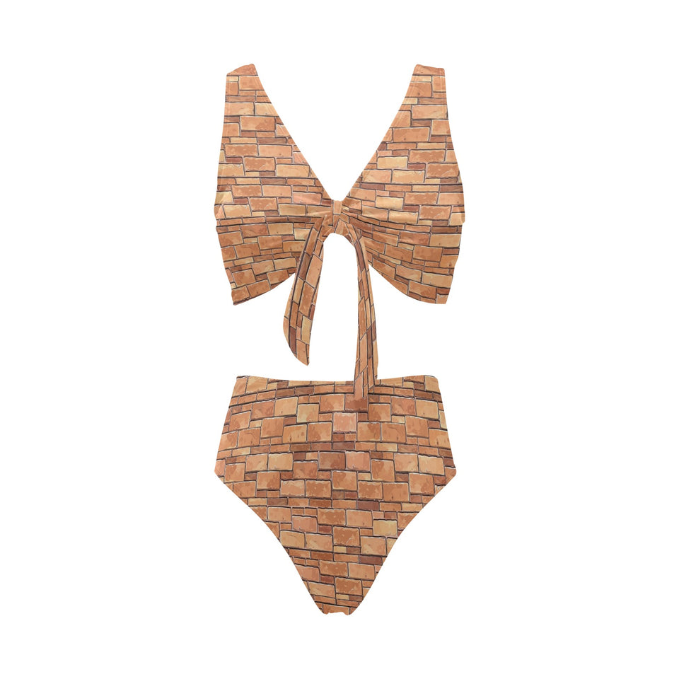 Brick Printed Pattern Print Design 04 Chest Bowknot High Waisted Bikini Swimsuit