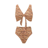 Brick Printed Pattern Print Design 04 Chest Bowknot High Waisted Bikini Swimsuit