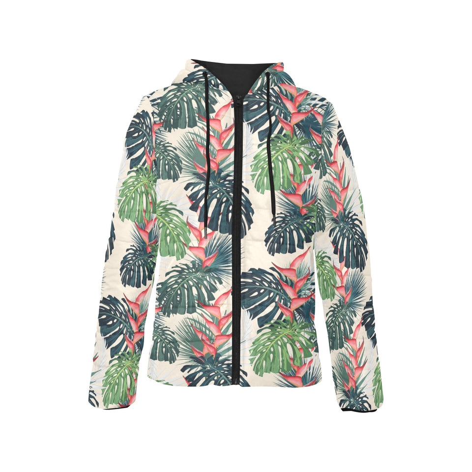 heliconia flowers, palm and monstera leaves Women's Padded Hooded Jacket