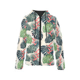 heliconia flowers, palm and monstera leaves Women's Padded Hooded Jacket