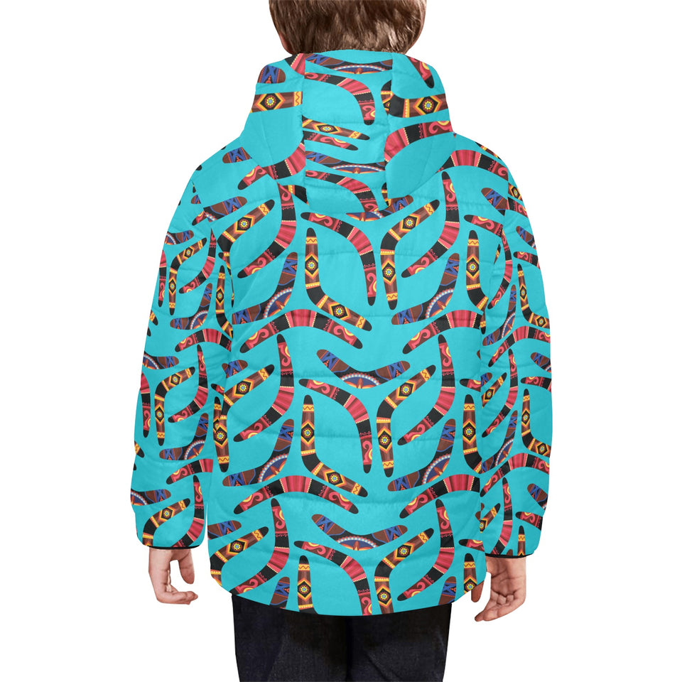 Boomerang Australian aboriginal ornament blue back Kids' Boys' Girls' Padded Hooded Jacket