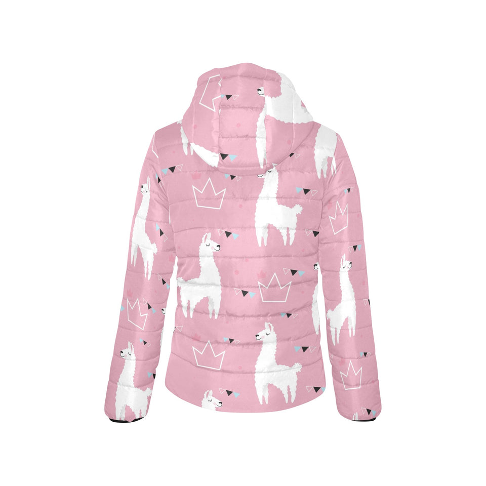 Llama Alpaca pink background Women's Padded Hooded Jacket
