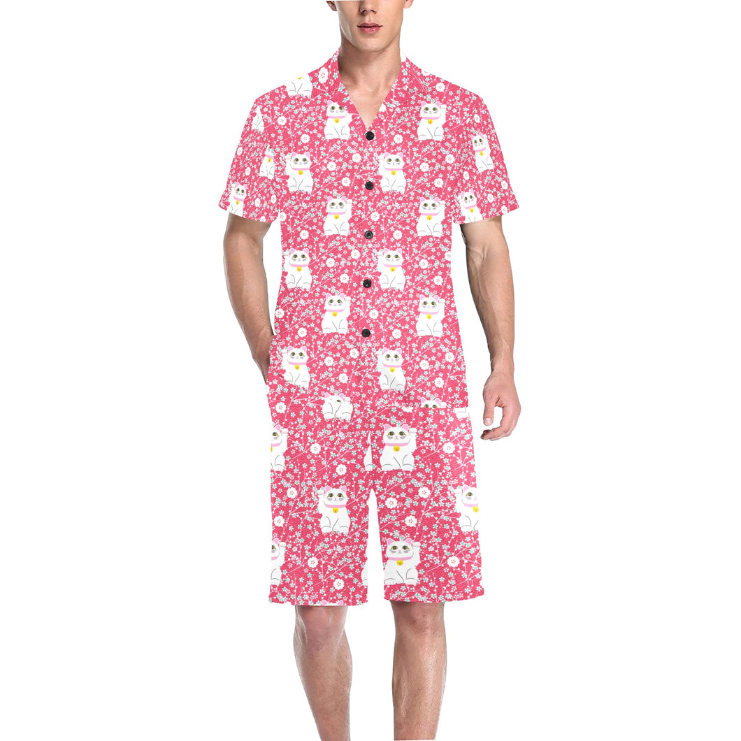 Maneki neko cat sakura pink background Men's V-Neck Short Pajama Set